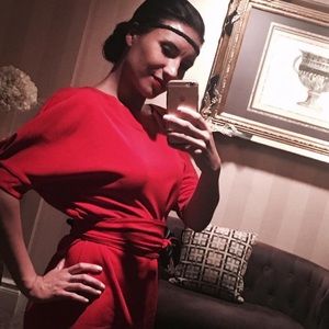 ❤️Gatsby Party Red Belted Mini Dress Lantern Sleeve Size S Hand Crafted